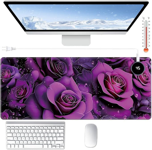 Heated Desk Pad Large Mouse Pad 31.5 x 13 inch with 3 Levels Heating & Auto Shut-Off Warm Mouse pad PU Leather Computer Mousepad for Home Office Work - Purple Rose Flowers