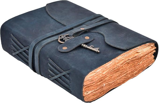 LEATHER VILLAGE Vintage Leather Journal – 200 Handmade Vintage Deckle Edge Paper – Leather bound Journal For Women Men – Vintage Key Closure - Book of Shadows - Blue - 13X8 inches