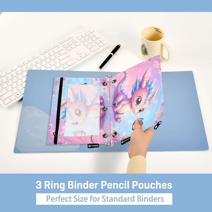 Gredecor 3 Ring Binder Pencil Pouch, Adorable Dragon Butterfly Zippered Pen Case Pouches with Clear Window, 2 Pack Stylish Office & School Supplie