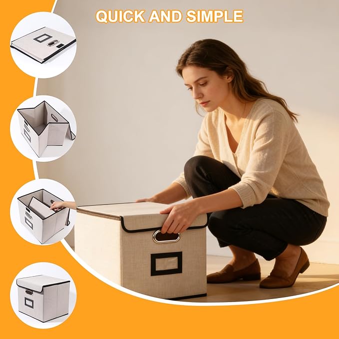 Large Square Storage Bin with Lid, Foldable Organizer Box with Handles & Label Design, for Office, Closet, Home, Documents, Grey, 12.20 x 10.63 x 10.63 Inches, 2 Pack