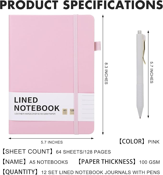 Aodaer 12 Set Lined Notebook Journals with Pens A5 Notebooks 100 GSM College Ruled Hardcover Notebook PU Leather Notepad with Pen Holder for Office School, 5.7 x 8.3 Inches, Pink