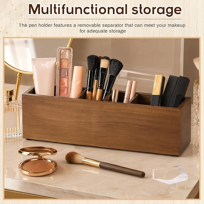 Jetec Wooden Pencil Pen Holder for Desk 6 Compartments Cosmetic Makeup Brush Stationery Office Desktop Organizers for Countertop Adjustable Silverware Caddy for Party, Home, Art Supplies(Walnut)