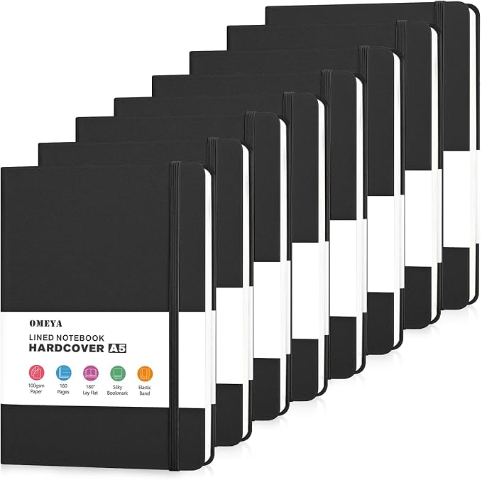OMEYA Hardcover Journal Notebooks for Work: 8 Pack, A5 100gsm Lined Paper | Multicolor, 5.7" x 8.3", PU Leather Cover, Notebooks Bulk for Office, School, Meetings, Daily Plans and Personal Journaling