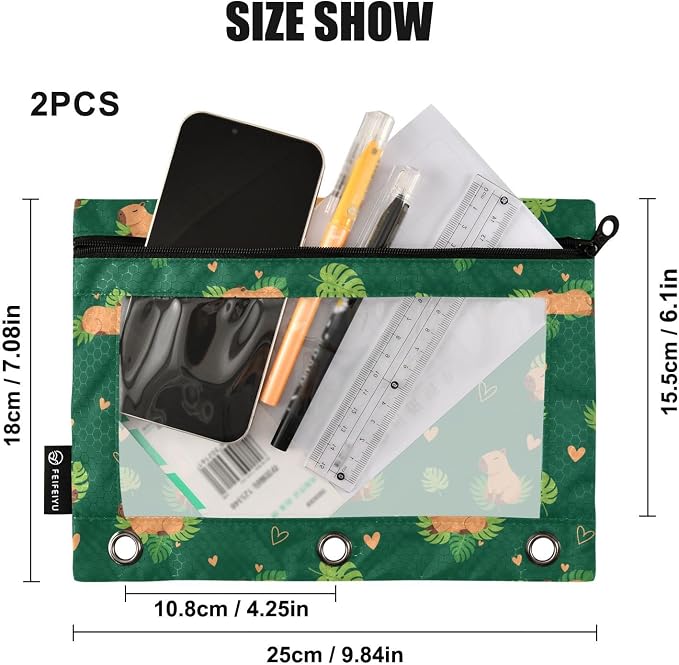 Emelivor Capybara Dark Green Pencil Pouch for 3 Ring Binder 2 Pcs Pockets Pencil Pouches Bag with Clear Pencil Case Cosmetic Bag for Storing College Office Supplies