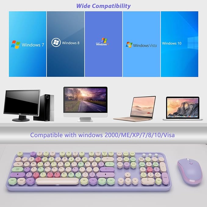 Kootop Wireless Computer Keyboard and Mouse Combo,Colorful Purple | Ergonomic Full Size Typewriter Retro Round Keycaps Keyboard, Compatible with Windows, PC, Perfer for Home and Office