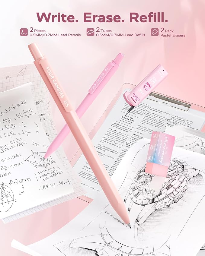 Four Candies Cute Aesthetic Pink School Supplies Kit for Girls | College Supplies and Nursing Essentials Pens, Highlighters, Mechanical Pencils, Sticky Notes for Students, Journaling