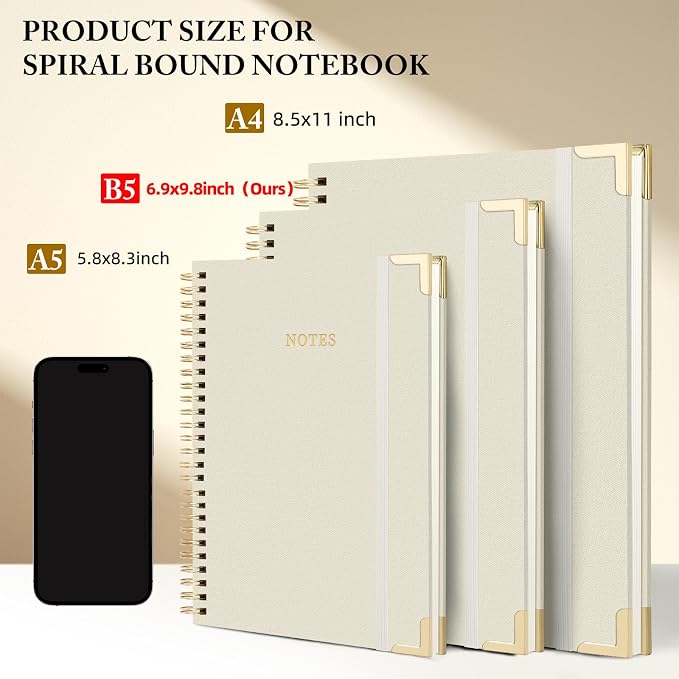 B5 Spiral Notebook Journal, (6.9×9.8'' ) 100 Pages 50 Sheets Linen Hardcover College Ruled Journaling For Work & Note Taking Thick Spiral Journal For Writing Daily Journal For Women & Men -White