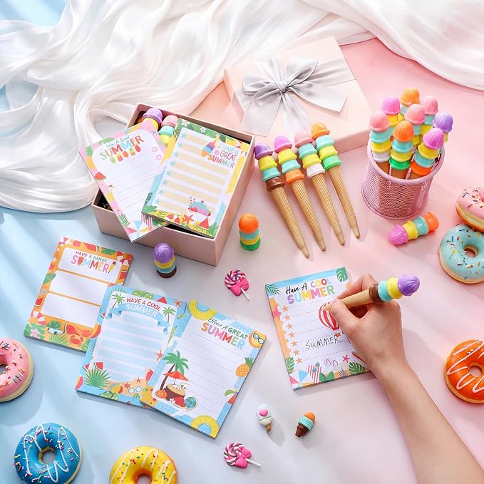 Eaasty 48 Pcs End of The Year Gifts Bulk Summer Notepads and Ice Cream Ballpoint Pens with Ribbon Graduation Last Day of School Gifts for Student Teacher Classroom Party Favor