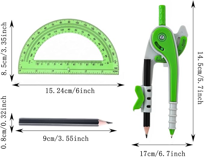 Vobou Compass for Geometry Set, 6 Inch Protractor, Clear Plastic (Green) | 6 Inch Compass, Sharpener and Eraser, Easy Grip, Drafting Tool for Scool, Art, Drawing Precision Design for Math