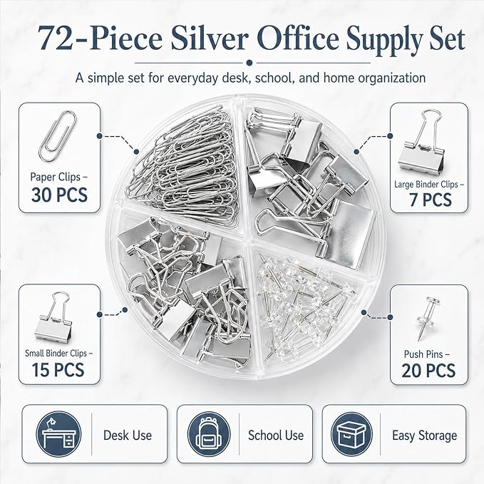 Paper Binder and Clips Set, Metal Assorted Sized Binders with Push Pins, Cute Office Supplies, Teacher Desk Must Haves, Cute Desk Accessories