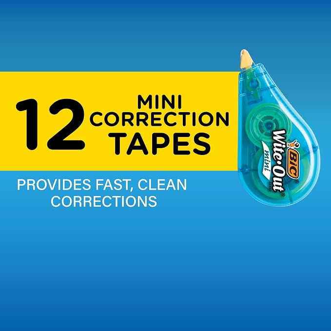 BIC Wite-Out Brand Mini Correction Tape (WOTM11-WHI), 16.4 Feet, white Correction Tape, Compact Tape Office or School Supplies (Pack of 12, 144 Count Total)