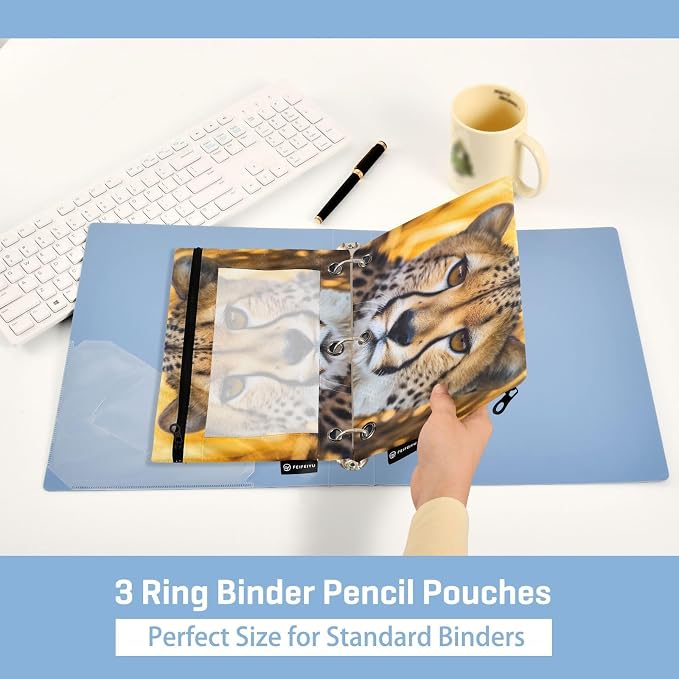 Cheetah Animal Pencil Pouch Fits standard 3-ring binders, Zipper Binder Pencil Bag with Clear Window for Class Office 2 Pack