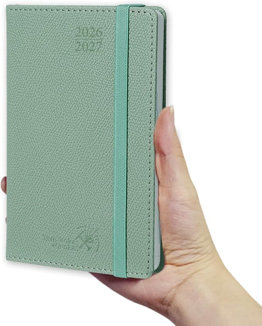 POPRUN 2026-2027 Small Weekly Planner, 4" x 6.25" Pocket Calendar for Purse | Academic Year (Jul 2026 - Jun 2027) Daily Planner with Lined Sections, Leather Hardcover, 100GSM Paper - Army Green