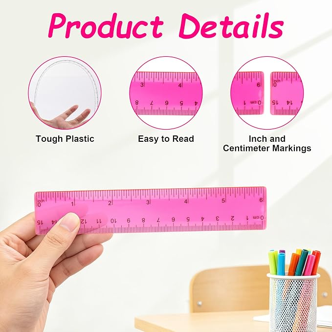 Plastic Clear Ruler Math Set - 6'' 12'' Transparent Straight Ruler, 4'' 6'' Protractor, 30/60 & 45/90 Triangle Ruler,Geometry Math Measuring Tool for School Home Office Drawing Teachers Kids Hot Pink