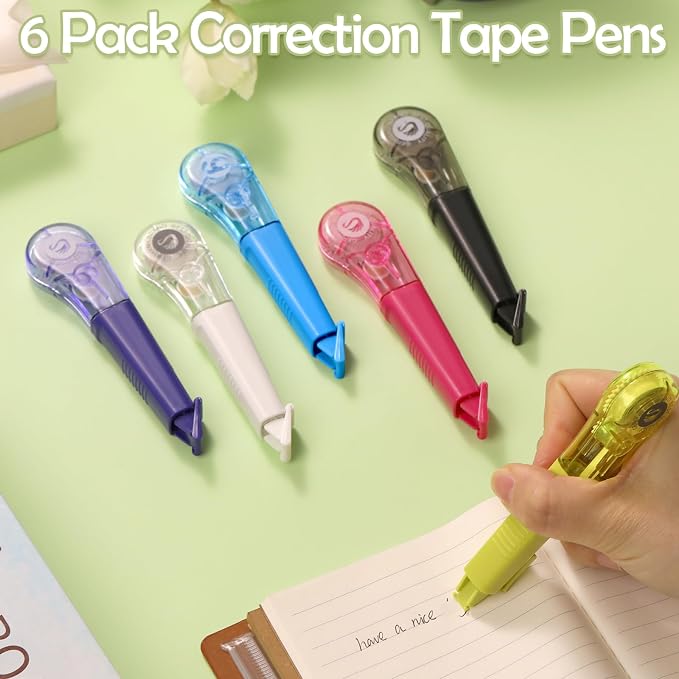 auroray 6 Pack Pen-Style Correction Tape Pens, 19.69ft Each Comfortable Correction Tape Smooth Instant Dry Application for Students School Office Supplies