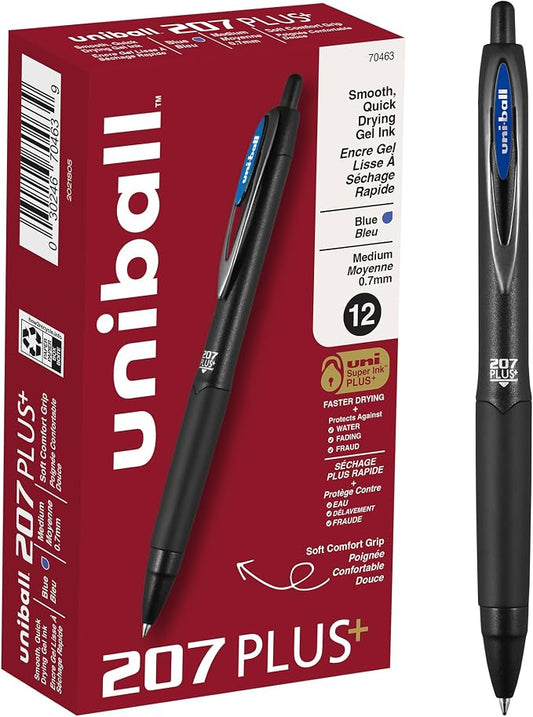 Uniball 207 Plus+ Retractable Gel Pens 12 Pack, 0.7mm, Blue