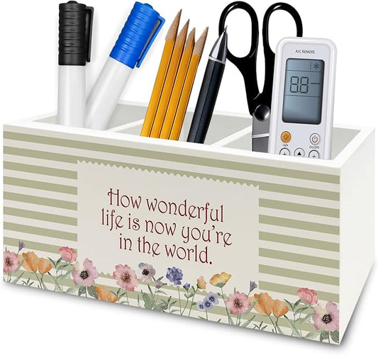 Girls Room Floral Pen Pencil Holder Organizer for Desk, How Wonderful Life Is Now You're in the World Neutral Striped Flower Wooden Box Signs Decorations for Kids Girls Nursery Room Desk Tabletop