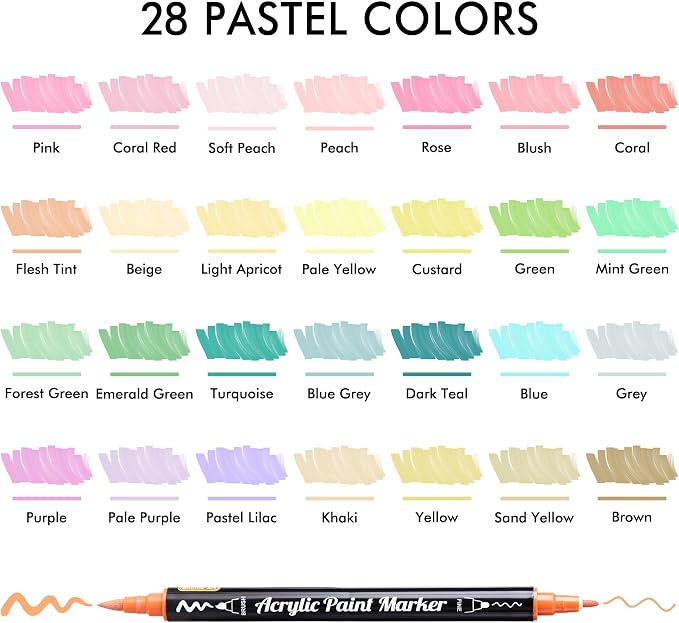 Shuttle Art 28 Pastel Colors Dual Tip Acrylic Paint Markers, Brush Tip and Fine Tip Acrylic Paint Pens for Rock, Ceramic, Wood, Canvas, Plastic, Glass, Stone, Calligraphy, Card, DIY Football Crafts