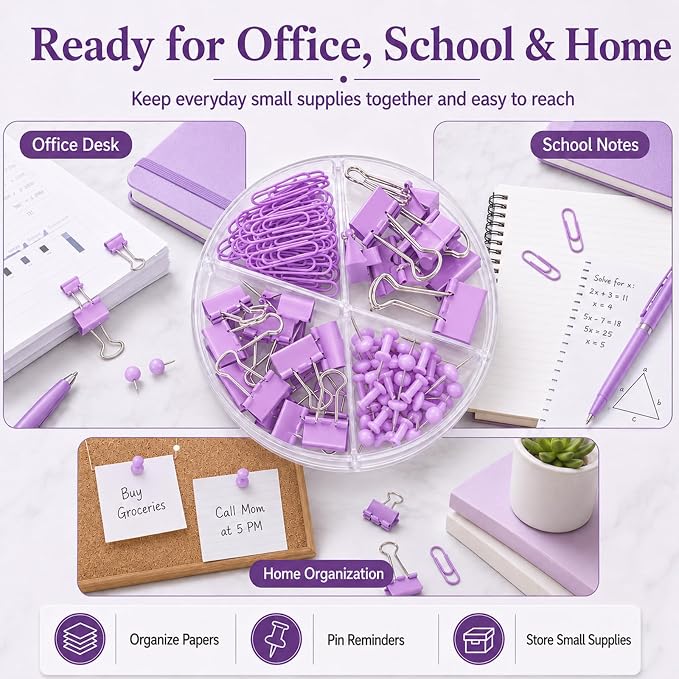 Purple Binder Clips and Paper Clips Push Pins Tacks Sets, Total 72 PCS Assorted Sizes Office Supplies Set for Women, Student, School, Home & Desk Supplies