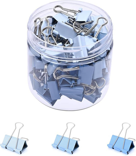 Temiary Aesthetic Binder Clips, Small Metal Binder Clip with Clear Storage Container, Binding Paperwork Clamps for School Teachers Office Supplies (Blue 0.6 Inch, 60P)