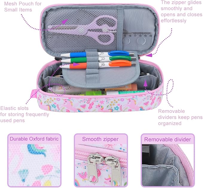 RHCPFOVR Kids Pencil Case for Girls-Soft Zipper Large Capacity Pencil Pouch for Girls Pencil Case for School Pencil Bag for Toddler (Pink Unicorn Garden)
