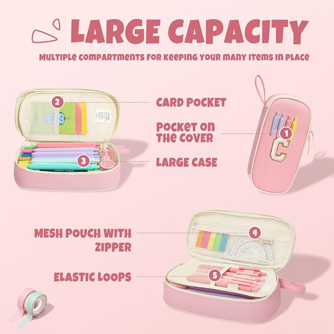 SUNEE Cute Pencil Case, Kawaii Big Capacity Pencil Pouch, Personalized Initial Pencil Bag with Zipper, Stationery Storage and Organizer, Back to School Supplies, Pen Box for Girls & Boys, Teen, C-Pink