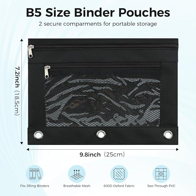 Pencil Pouch for 3 Ring Binder, Pencil Case Bag with Zipper, 600D Fabric Pencil Pouch Holder Accessories, Clear Window Pencil Case Aesthetic Back to School Organizer Pockets for Boy Girl (Black)