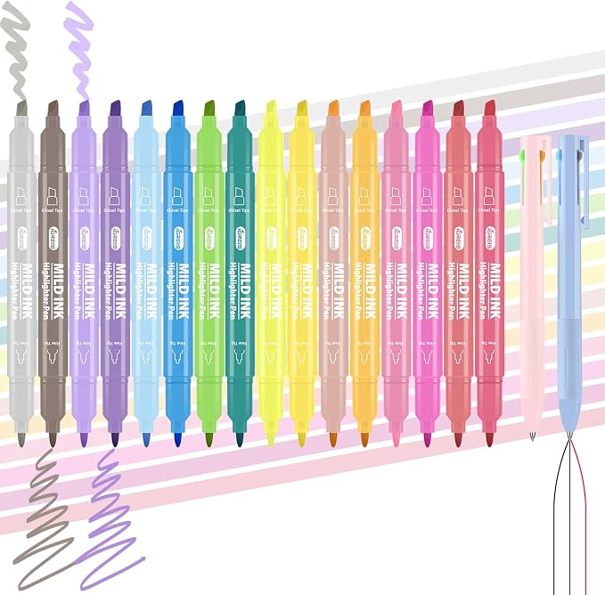 18 Pcs Aesthetic Highlighters and Gel Pens Set - 16 Colors Dual Tip Pastel Highlighters (Chisel & Fine Tips) & 2 Pcs 3-in-1 Multicolor Gel Pens for Journaling, School Supplies, Textbooks