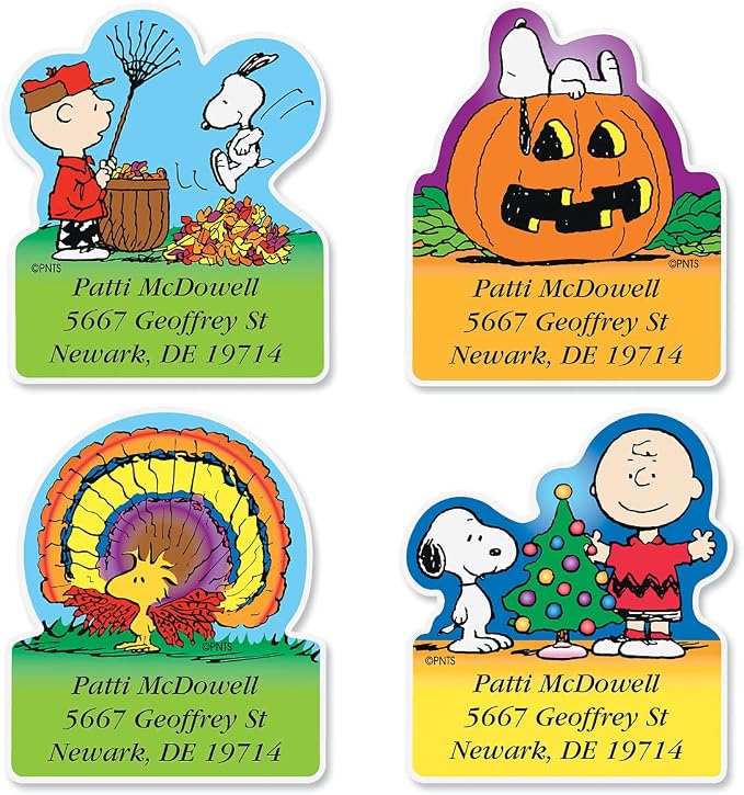 Colorful Images Year Round Holiday Peanuts Return Address Mailing Labels, Personalize with Name & Shipping Address, Set of 144 Self Adhesive, Easy Peel Flat Sticker Label Sheets, Diecut, 12 Designs