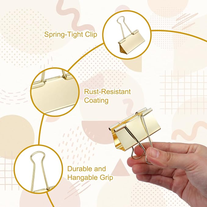 Frienda 24 Pack 2 Inch Extra Large Binder Clips Big Paper Clamps Metallic Large Paper Clips with Grip Reusable Office Organization Supplies for School Office Home (Gold)