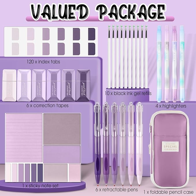 38 Pcs Aesthetic Office Supplies with Pen Case Sticky Notes Gel Pens Highlighters Correction Tapes Stationery Kit for Office Work Coworkers(Purple Color,Classic)