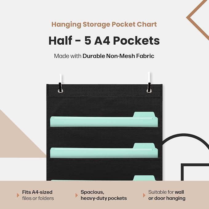 Hippo Creation Heavy Duty Storage Pocket Chart for Classroom, 5 Pocket Storage Organizer with 2 Over-Door Hangers, Hanging Wall Organizer for File Folders, School Mailbox, Home Office Papers - Black