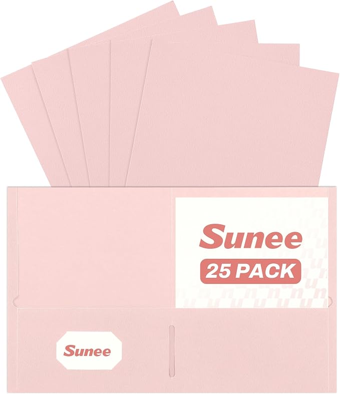 SUNEE Two Pocket Folders, 25 Pack File Folders with Business Card Slot, Textured Paper, Fit Letter Size Paper, Paper File Folder for School Office Home Business, Pink