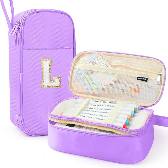 Cute Large Pencil Case Pouch,Personalized Initial Pencil Bag for Girls Boy | Multiple Pockets With Smooth Dual-Zipper, Big Capacity Aesthetic Pen Case Bag For Kids College Art School Gift