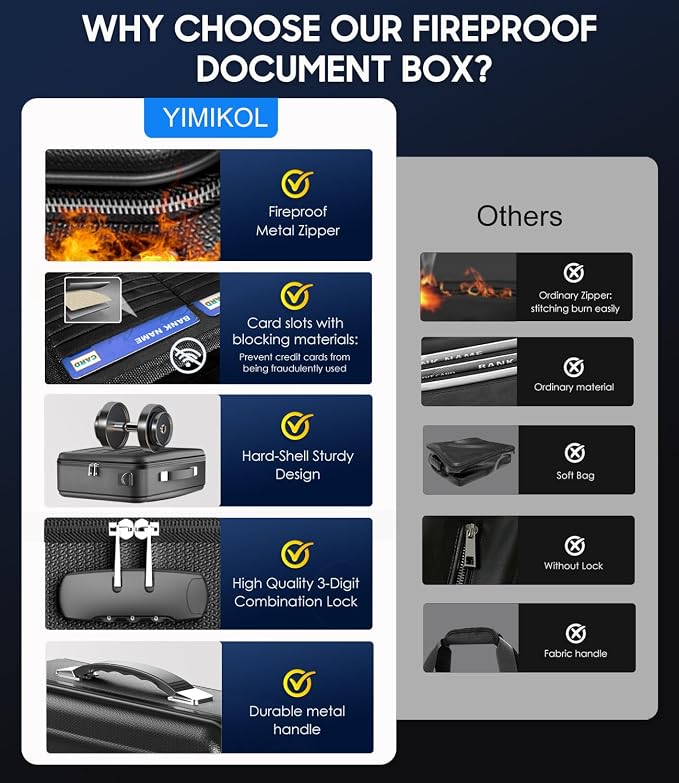 Fireproof Document Box with Lock, Hard-Shell Fireproof Safe for Home Documents, Portable Travel Fire Proof File Box for Passport Laptop Certificates, Black