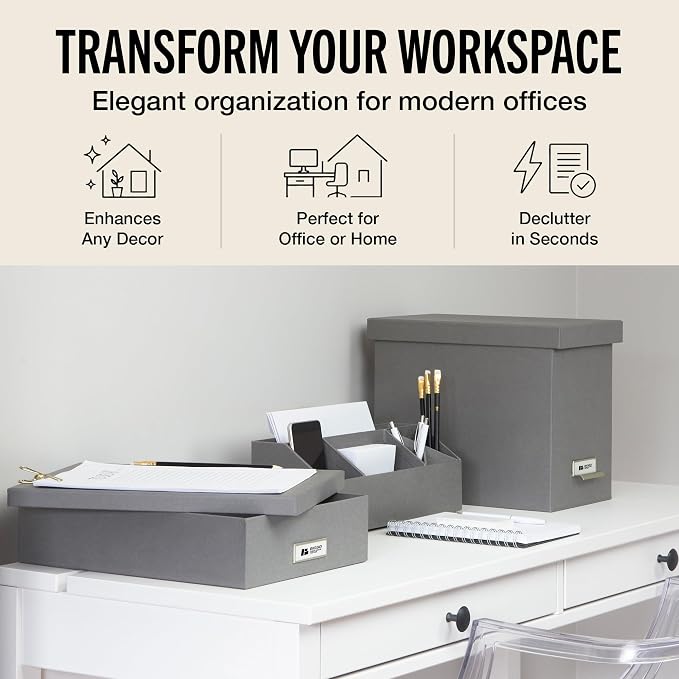 Bigso Oskar Fiberboard Label Frame Document Letter Box - File Organizer Box for Important Paperwork - Document Storage with a Lid & Metal Label Window - 3.3 in x 10.2 in x 13.8 in - Grey