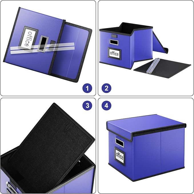 File Organizer Box with Lid, Collapsible Leather File Folder Organizer for Office Document Storage, Filing Box with Plastic Slide for Letter/Legal Size Hanging Files,Navy Blue
