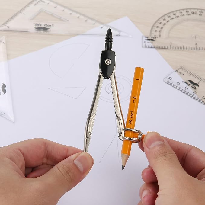 Mr. Pen- Geometry Set, 13 pcs, 3 Metal Compasses, Protractor, 6" Ruler | 45° & 30°/60° Set Squares, Pencils, Lead Refills, Sharpener & Eraser for Math, Drafting & Classroom Use