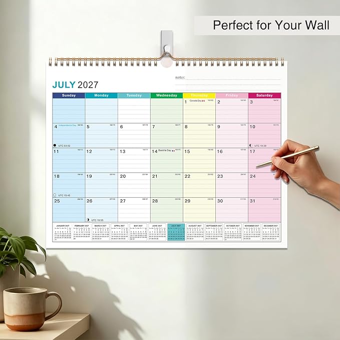 2027-2028 Wall Calendar, Calendar 2027-2028, 18 Month Calendar January 2027 - June 2028, 14" X 11", Calendar with Twin-Wire Binding, Hanging Hook and Julian Dates (Colorful)