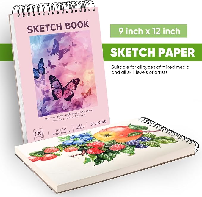 Soucolor Sketch Book 9" x 12" for Teen Girls, Cute Pink Sketchbook | 100 Sheets Spiral Notebook Drawing Pad|Pastel School Art Supplies for Beginner Artists|Arts and Crafts Gifts Set for Women