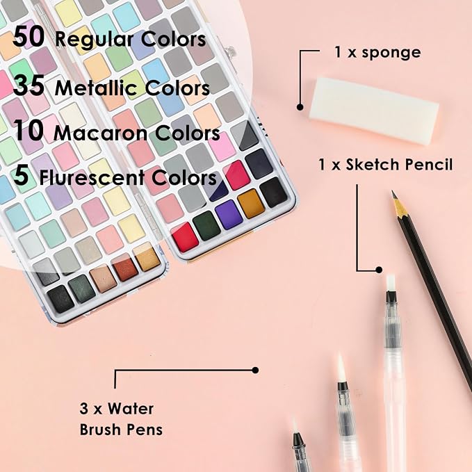 Grabie 100 Colors Watercolor Paint Set - 50 Regular, 35 Metallic, 10 Macaron and 5 Fluorescent Colors - Portable with Carrying Case, Water Brush Pens, and Accessories - For Beginners and Professionals, Set of 100
