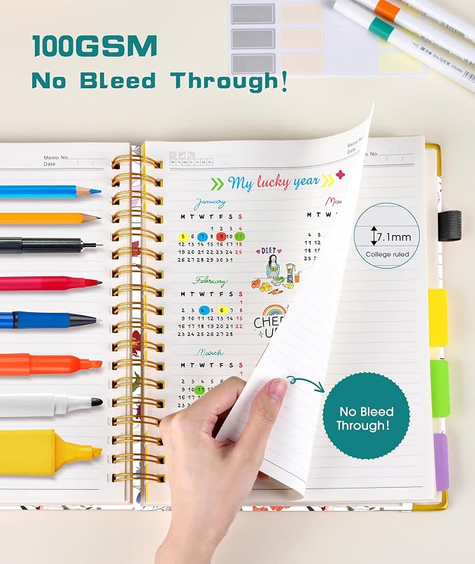 Hardcover Spiral Notebook 8.5"x11" Journal with Removable Dividers Tabs, 300 Pages 5 Subject Notebook College Ruled, Large A4 Notebooks for Work School, Journal for Women, A4 Flower White