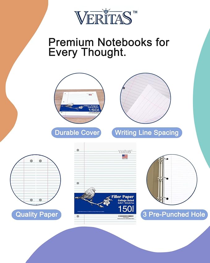Loose Leaf Paper College Ruled, 8" x 10.5" Binder Filler Paper, 3 Hole Punched Notebook Paper, 3600 Sheets Total 24 Pack 150 Sheets/Pack, Bulk School & Office Supplies, Made in USA