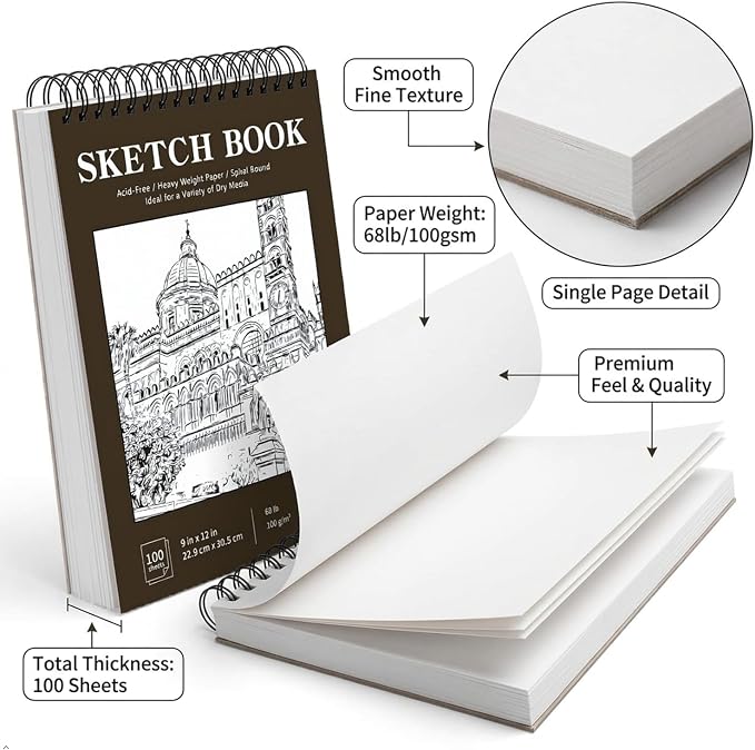 Soucolor Sketchbook 8.5x11,100 Sheets Thick Acid-Free Drawing Paper | 68lb/100gsm Lay Flat Sketch Pad Art Notebook for Adults Artists Teachers Students Classroom