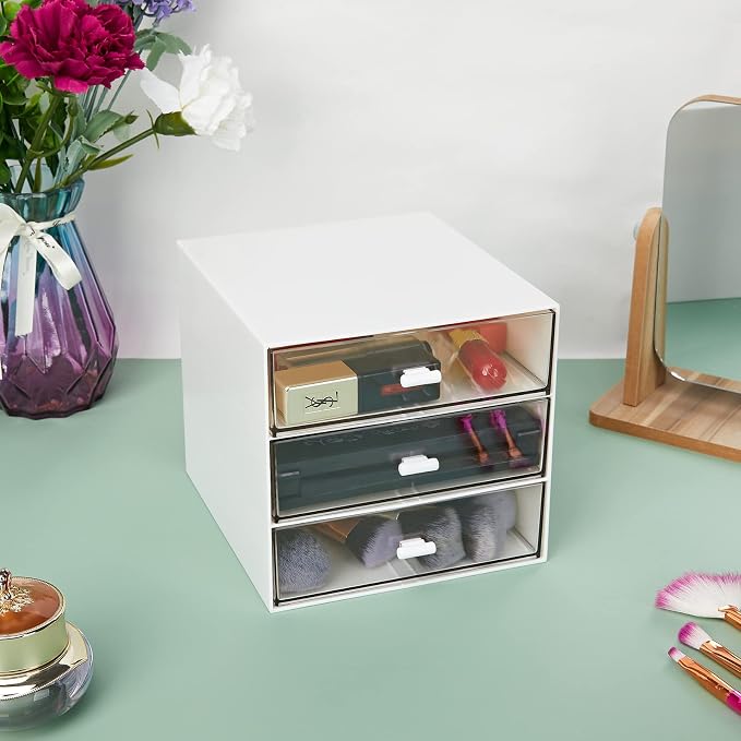 Desk Organizer with 3 Drawers, Clear Plastic Desk Storage Box, Desktop Organization for Office Supplies, Gel Pens, Pencils, Markers, Tape, Erasers, Paperclips, Chargers (White-3 Draws)