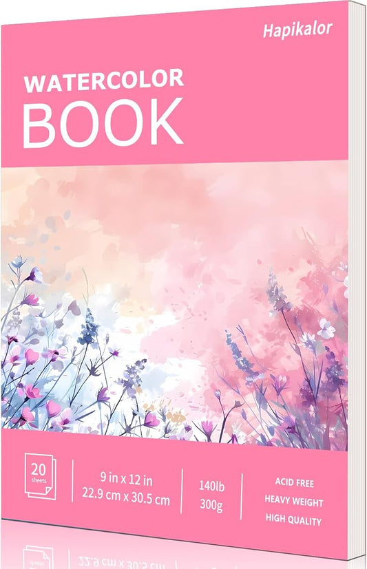 Watercolor Paper Pad 9x12, 140lb/300gsm Cold Press Drawing Paper, 20 Sheets Acid-Free Artist Sketchbook for Wet Media, Gouache & Acrylic, Double Sided Painting Paper (Pink Cover)