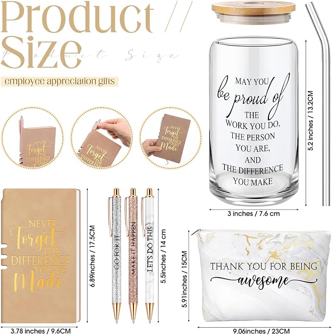 Funnymoom 6 Pcs Appreciation Gifts Set for Women Back to School Teacher Gifts Employee Thank You Gift with 17 oz Glass Tumbler Journal Pens and Pouch for Coworkers Educators,Marble,White