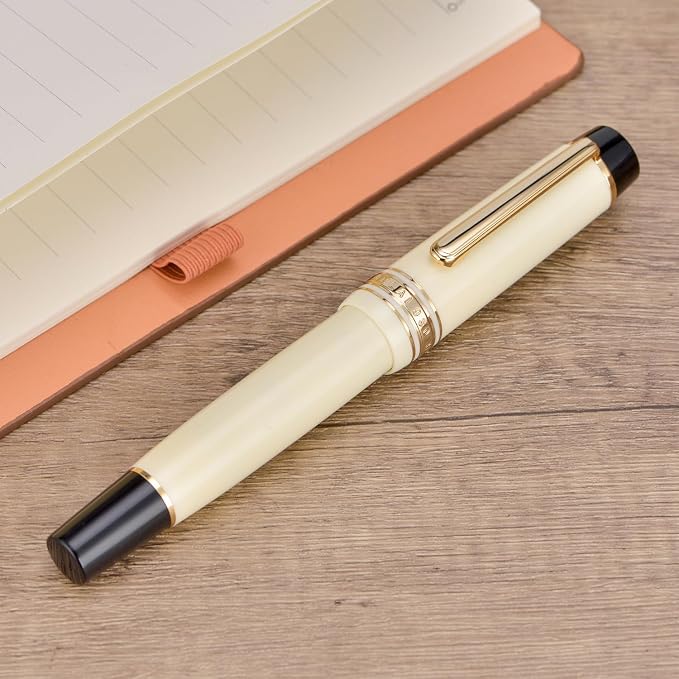 Wikult Yongsheng Junlai 930 Acrylic Fountain Pen, Size 9 Broad Nib with Piston Filling System, Ivory White Fence Ink Tank with Flat Top Design Smooth Writing Pen (Gold Trim)