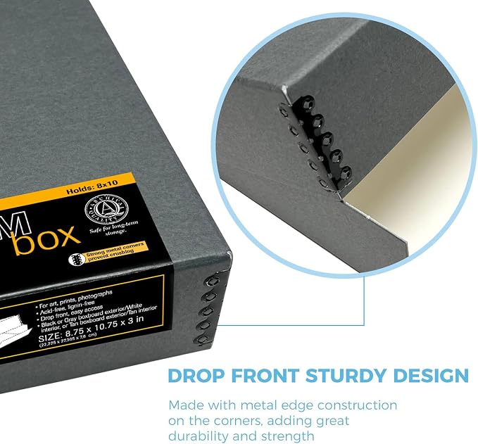 Lineco Drop Front Archival Storage Box, 8.75x10.75x3 in, Gray, 2 Pack | Acid-Free with Metal Edge, Preserves Picture Longevity, Organize Photos, Newspapers, Prints, Documents, Crafts, DIY