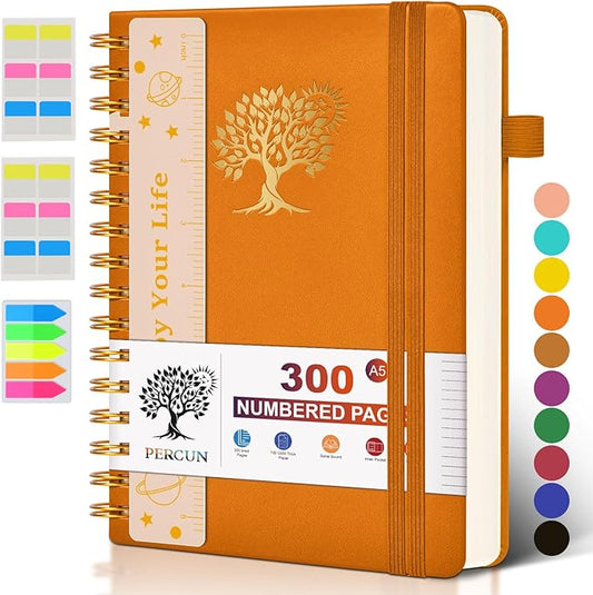 PERCUN Spiral Notebook 300 Numbered Lined Pages Hardcover Journal 5.9"x8.5" | College Ruled Spiral Bound Notebook with Tabs, A5 Leather Journal for Women Men, Work, School, Travel, Writing & Note Taking